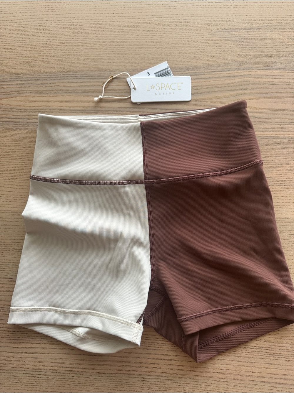 l*space Two-Tone High-Waist Bike Shorts - Cream & Brown NEW